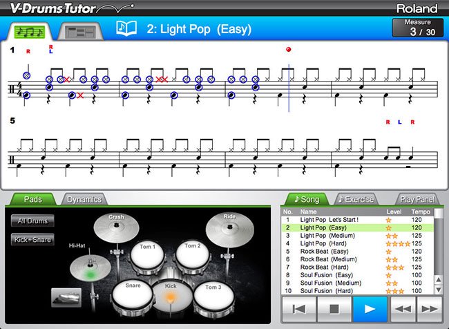 Perangkat lunak Roland DT-1 V-Drums Tutor menampilkan nada yang dimainkan dengan benar dan salah dalam performa Anda