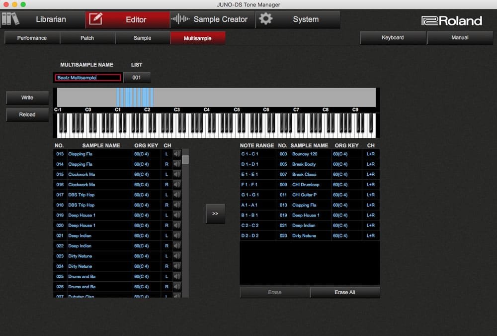 Performance library. Roland Sample creator. DS Tone. Juno's task. Multisamples.